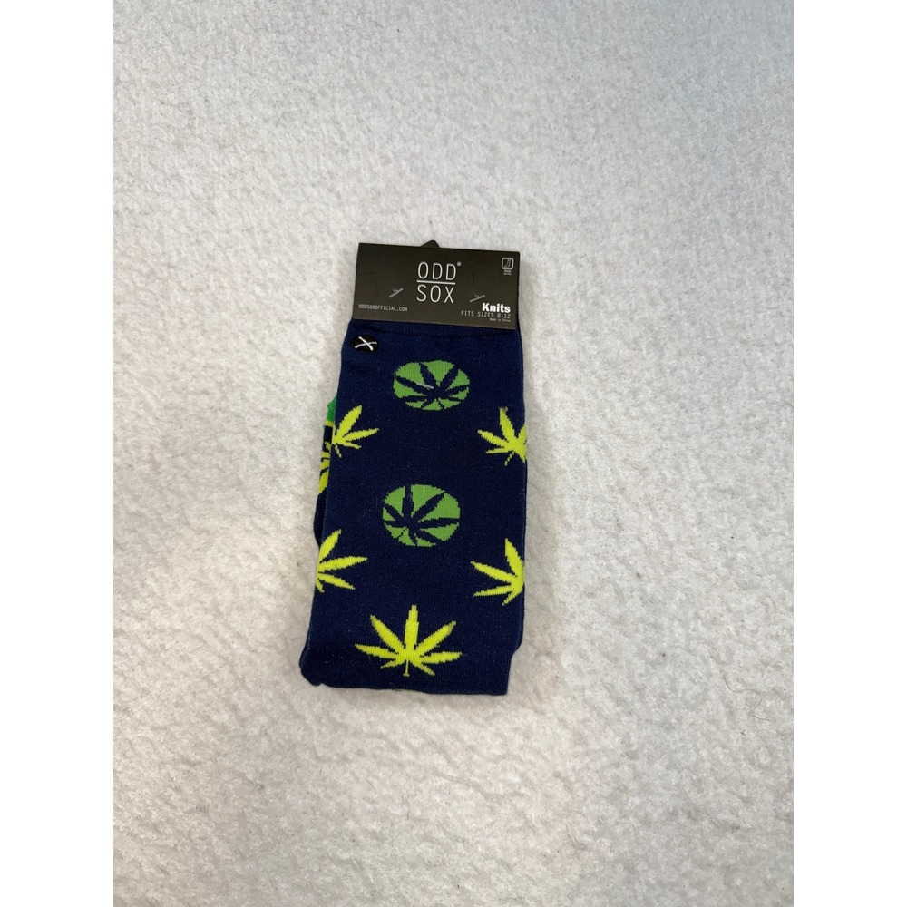 Odd Sox Knits Mens Crew Socks Navy Blue Green Yellow Leaf Pattern D-3393SMONCO